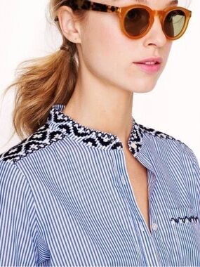 J. Crew Women's Blouse Tunic Embroidered Collar Striped Blue & White Long Sleeve